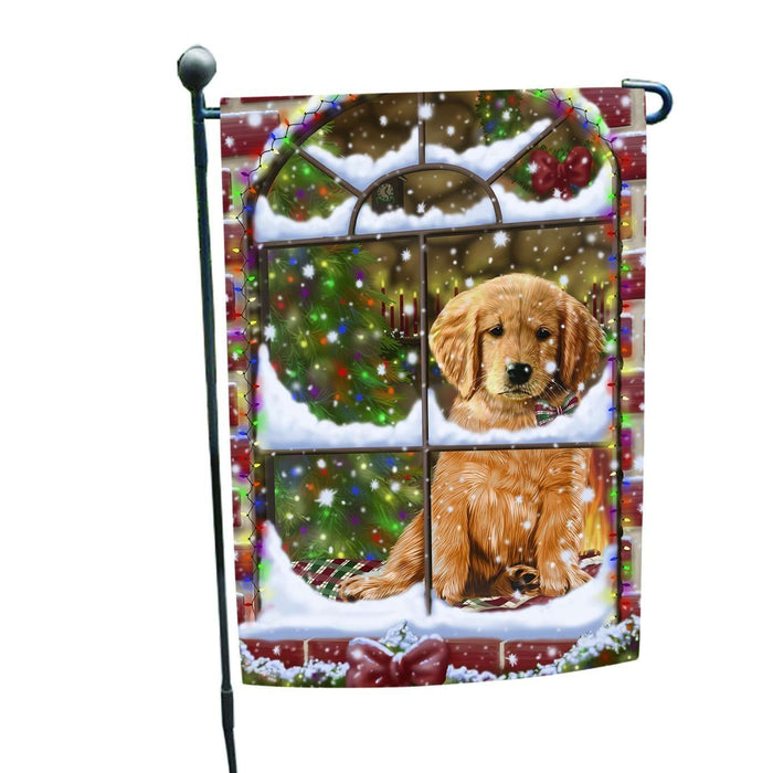 Please Come Home For Christmas Golden Retrievers Dog Sitting In Window Garden Flag