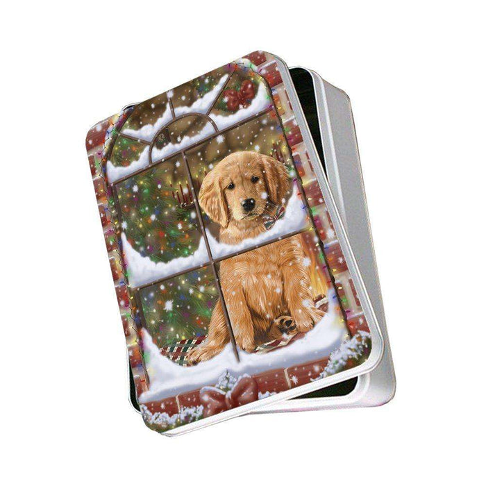 Please Come Home For Christmas Golden Retrievers Dog Sitting In Window Photo Storage Tin
