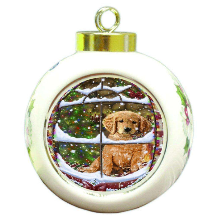 Please Come Home For Christmas Golden Retrievers Dog Sitting In Window Round Ball Ornament D394