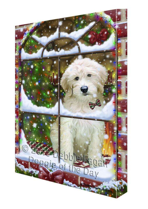 Please Come Home For Christmas Goldendoodle Dog Sitting In Window Canvas Print Wall Art Décor CVS100520
