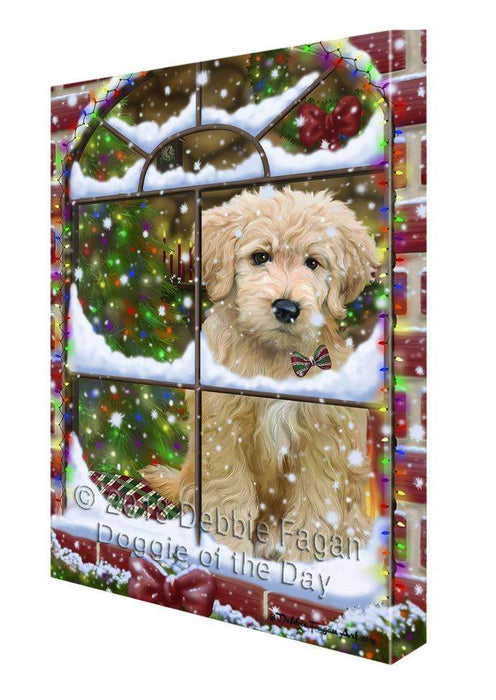 Please Come Home For Christmas Goldendoodle Dog Sitting In Window Canvas Print Wall Art Décor CVS100529