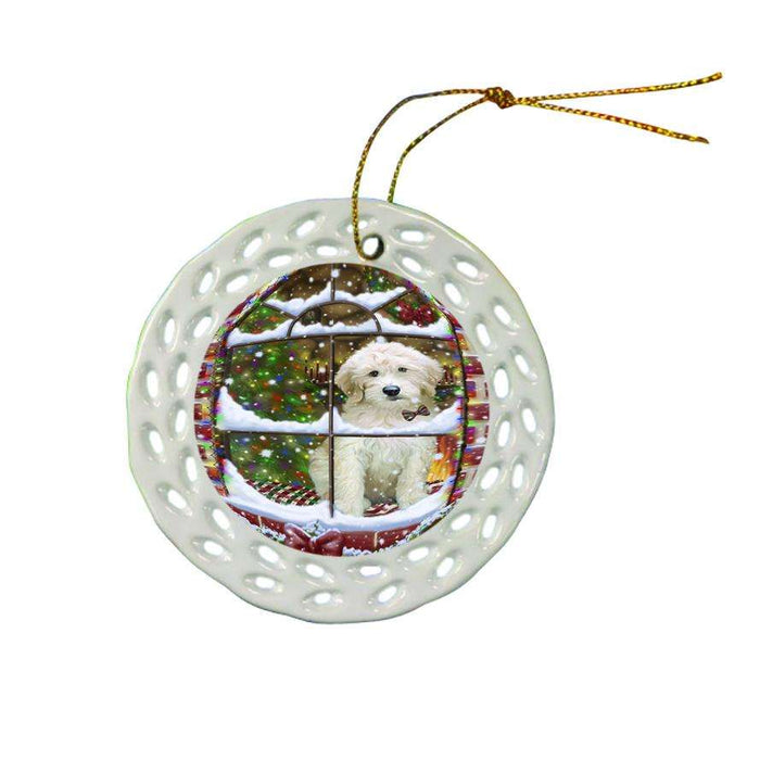 Please Come Home For Christmas Goldendoodle Dog Sitting In Window Ceramic Doily Ornament DPOR53630