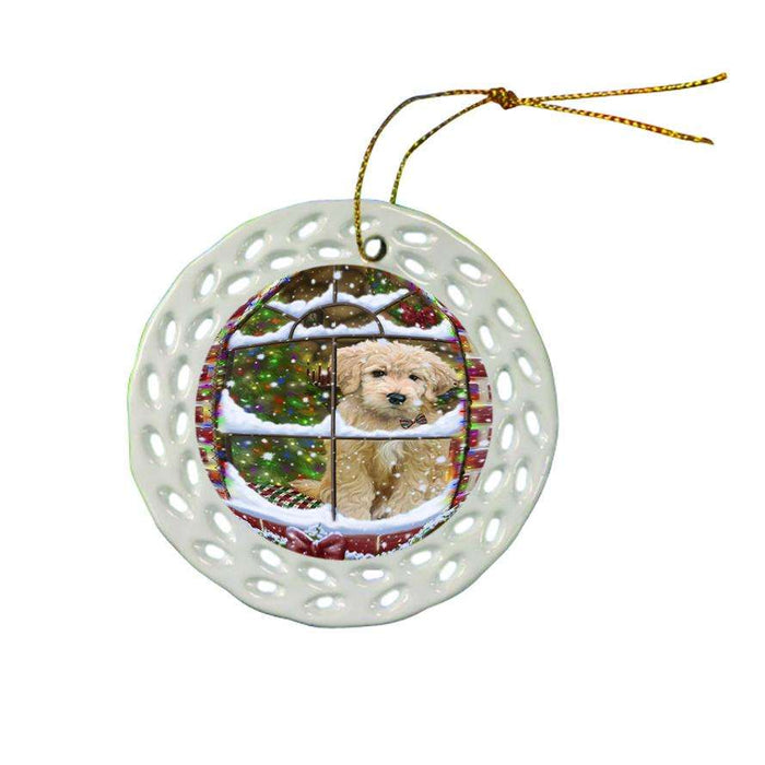 Please Come Home For Christmas Goldendoodle Dog Sitting In Window Ceramic Doily Ornament DPOR53631