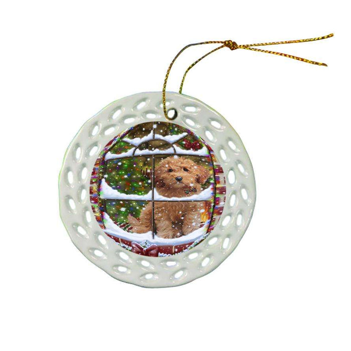 Please Come Home For Christmas Goldendoodle Dog Sitting In Window Ceramic Doily Ornament DPOR53632