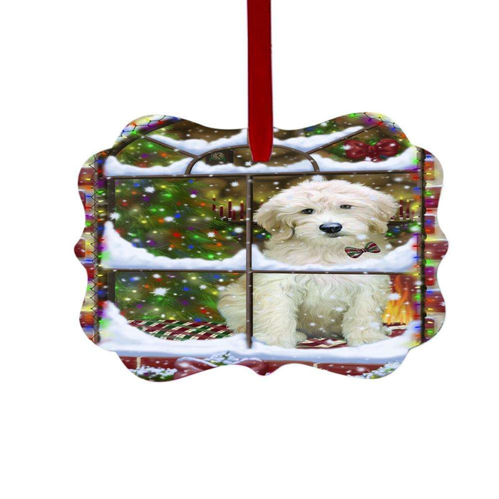 Please Come Home For Christmas Goldendoodle Dog Sitting In Window Double-Sided Photo Benelux Christmas Ornament LOR49170