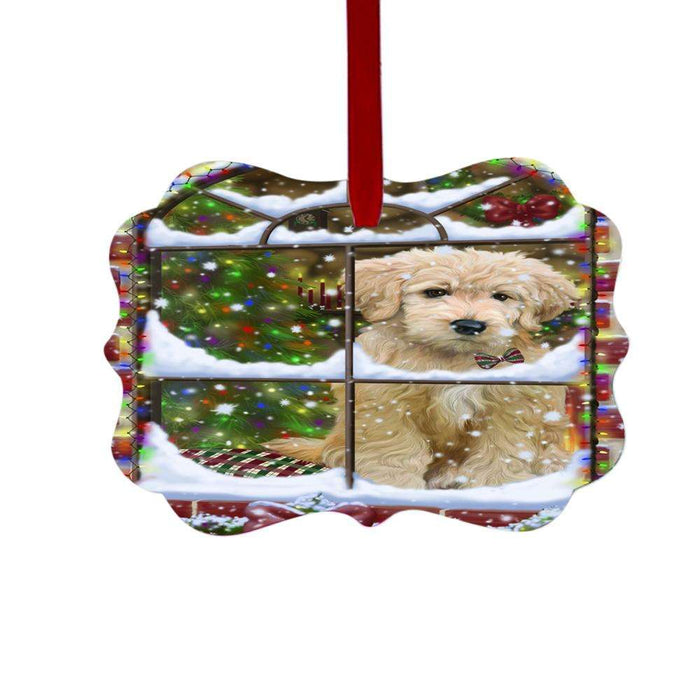 Please Come Home For Christmas Goldendoodle Dog Sitting In Window Double-Sided Photo Benelux Christmas Ornament LOR49171