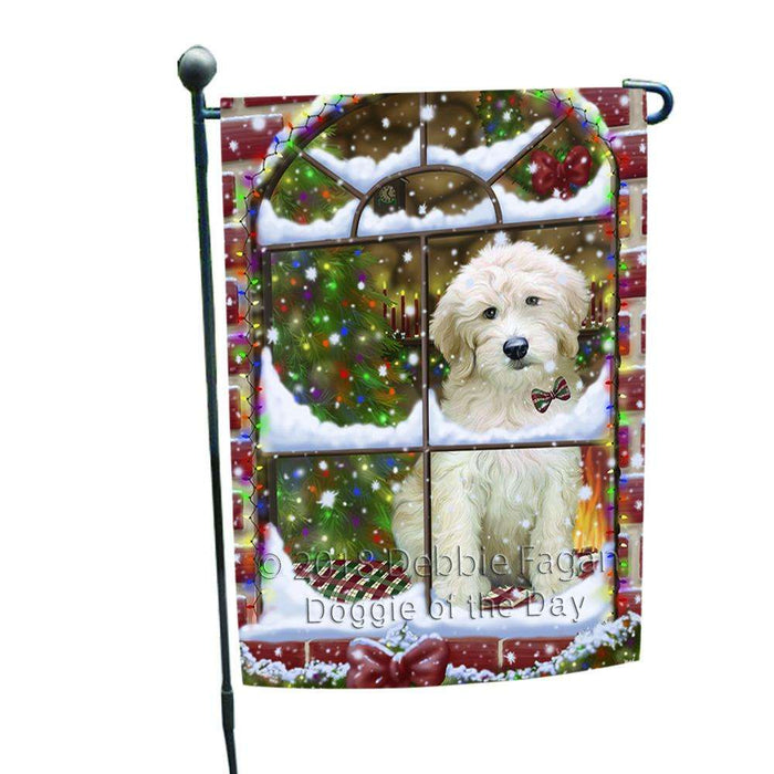 Please Come Home For Christmas Goldendoodle Dog Sitting In Window Garden Flag GFLG53692