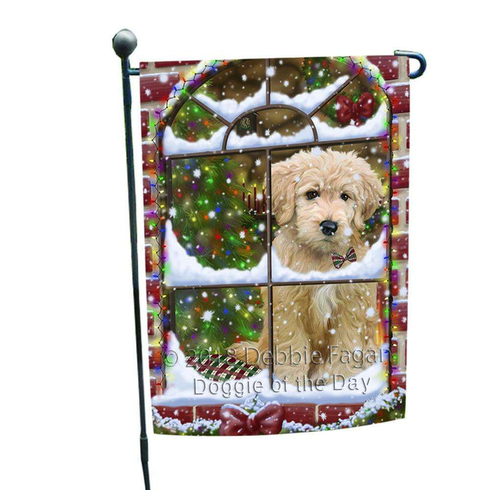 Please Come Home For Christmas Goldendoodle Dog Sitting In Window Garden Flag GFLG53693