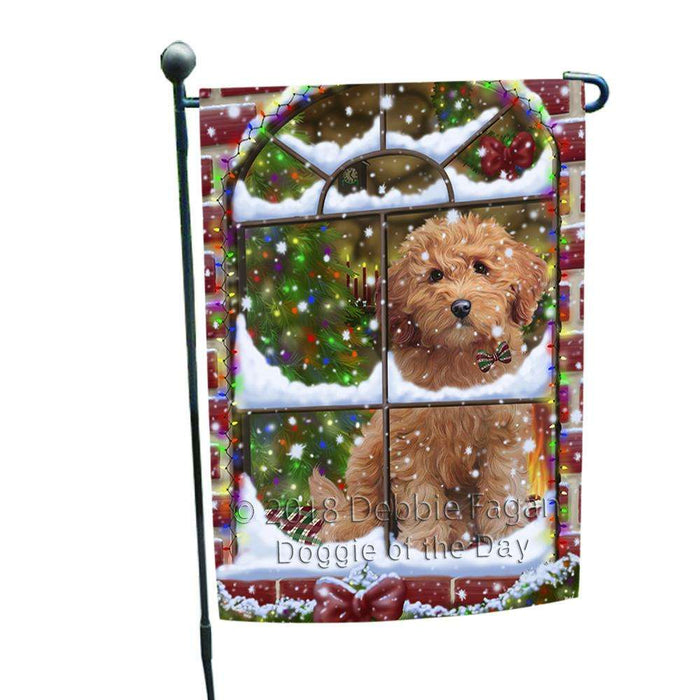 Please Come Home For Christmas Goldendoodle Dog Sitting In Window Garden Flag GFLG53694