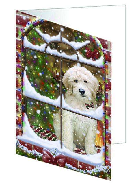 Please Come Home For Christmas Goldendoodle Dog Sitting In Window Handmade Artwork Assorted Pets Greeting Cards and Note Cards with Envelopes for All Occasions and Holiday Seasons GCD64919