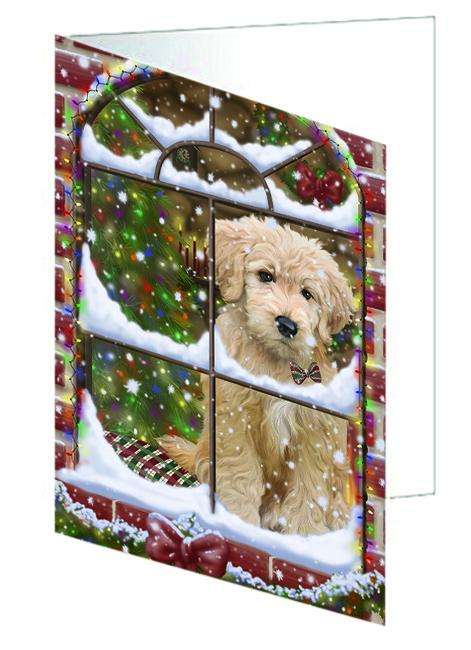 Please Come Home For Christmas Goldendoodle Dog Sitting In Window Handmade Artwork Assorted Pets Greeting Cards and Note Cards with Envelopes for All Occasions and Holiday Seasons GCD64922