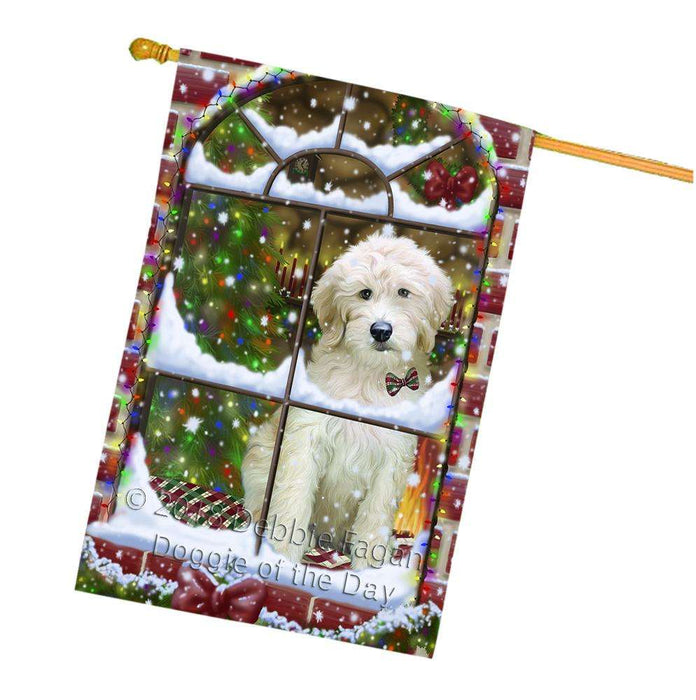 Please Come Home For Christmas Goldendoodle Dog Sitting In Window House Flag FLG53828