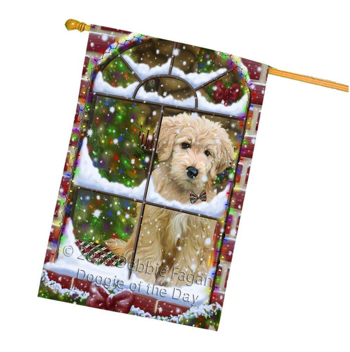 Please Come Home For Christmas Goldendoodle Dog Sitting In Window House Flag FLG53829