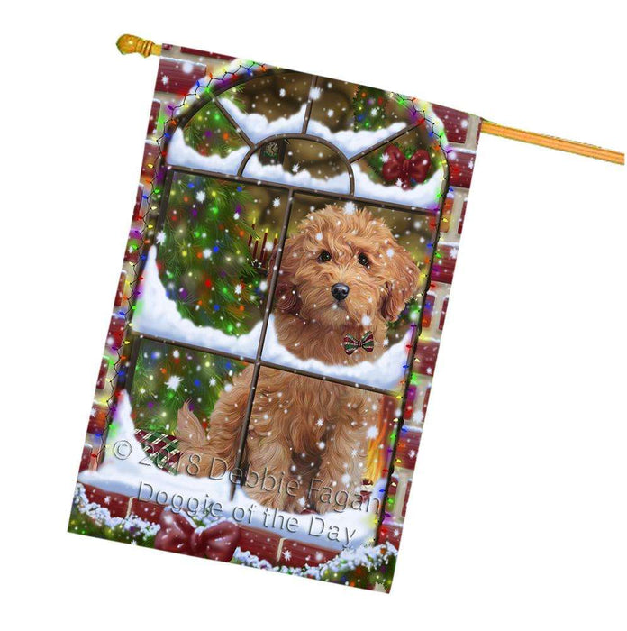 Please Come Home For Christmas Goldendoodle Dog Sitting In Window House Flag FLG53830