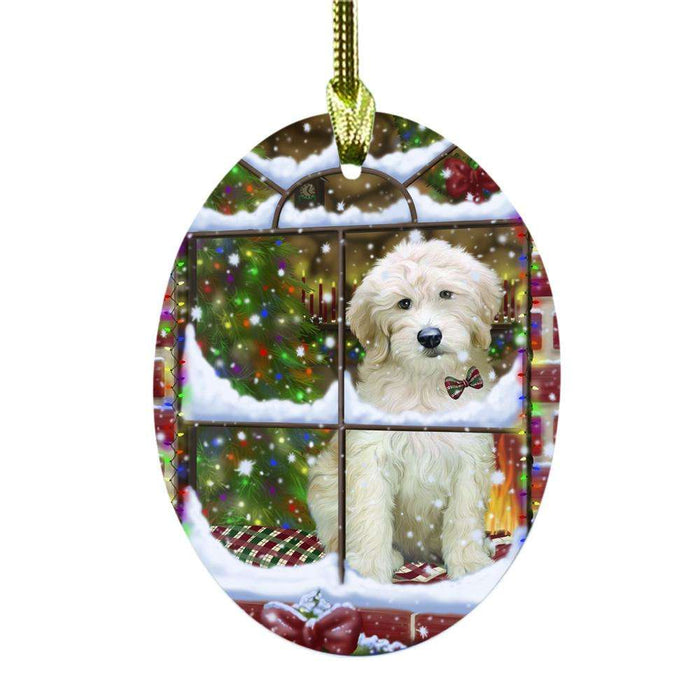 Please Come Home For Christmas Goldendoodle Dog Sitting In Window Oval Glass Christmas Ornament OGOR49170