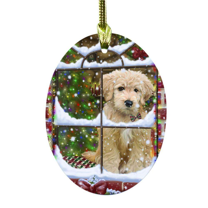 Please Come Home For Christmas Goldendoodle Dog Sitting In Window Oval Glass Christmas Ornament OGOR49171