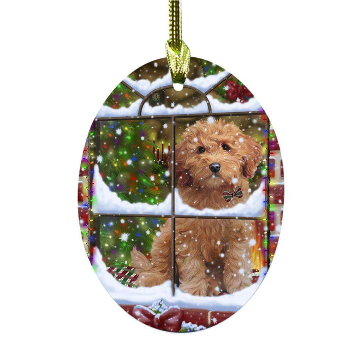 Please Come Home For Christmas Goldendoodle Dog Sitting In Window Oval Glass Christmas Ornament OGOR49172