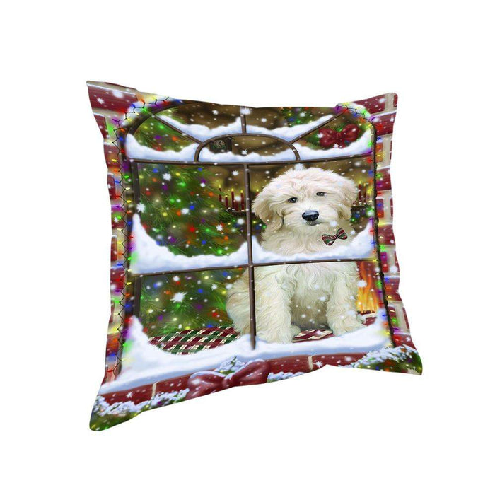 Please Come Home For Christmas Goldendoodle Dog Sitting In Window Pillow PIL71144