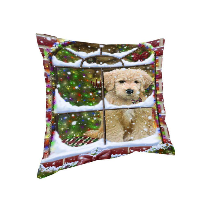 Please Come Home For Christmas Goldendoodle Dog Sitting In Window Pillow PIL71148