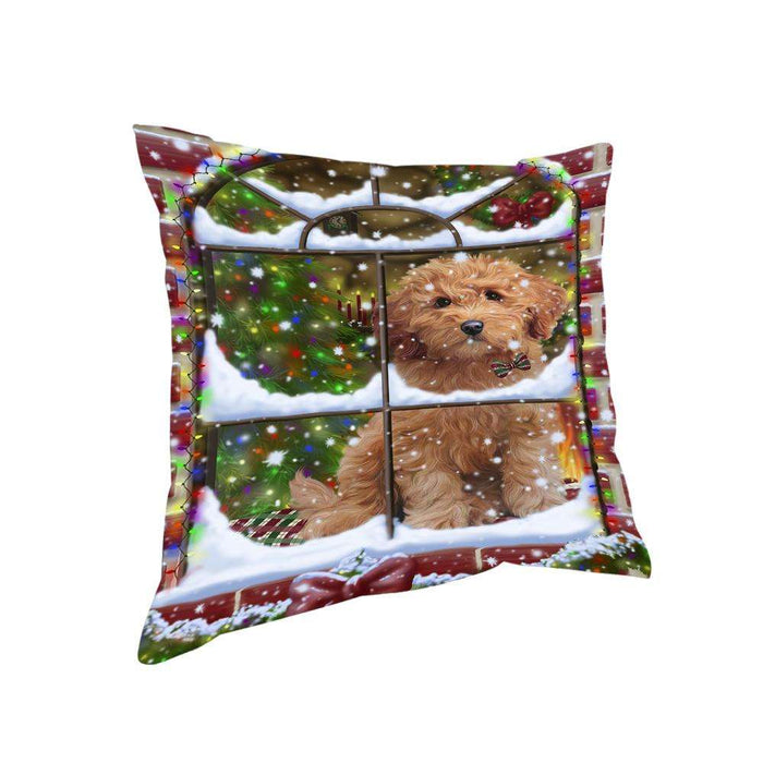 Please Come Home For Christmas Goldendoodle Dog Sitting In Window Pillow PIL71152