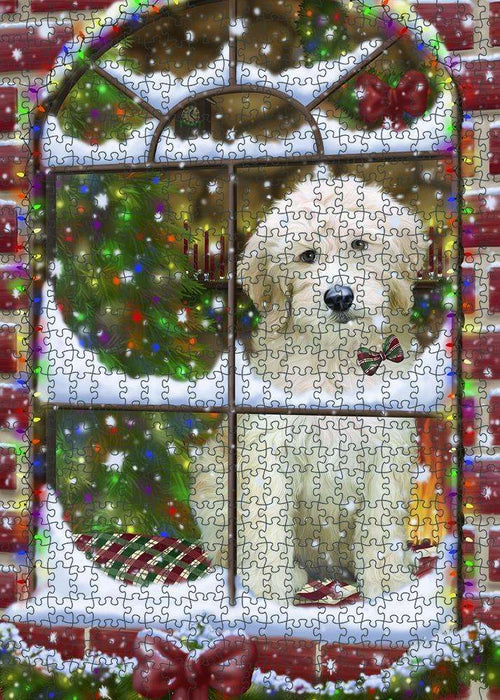 Please Come Home For Christmas Goldendoodle Dog Sitting In Window Puzzle  PUZL81676