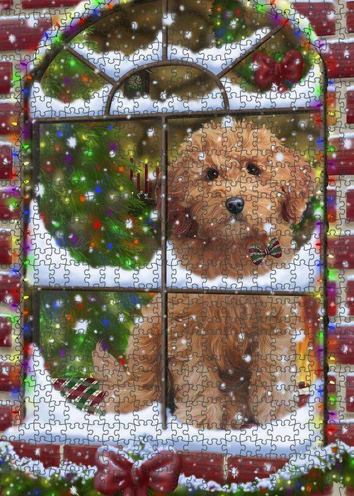 Please Come Home For Christmas Goldendoodle Dog Sitting In Window Puzzle with Photo Tin PUZL81684