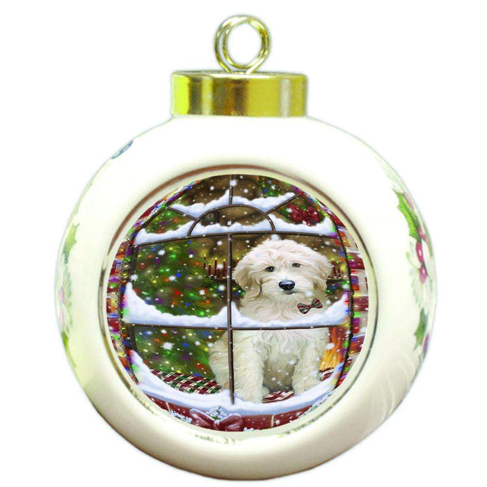 Please Come Home For Christmas Goldendoodle Dog Sitting In Window Round Ball Christmas Ornament RBPOR53630