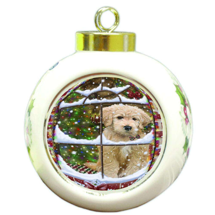 Please Come Home For Christmas Goldendoodle Dog Sitting In Window Round Ball Christmas Ornament RBPOR53631