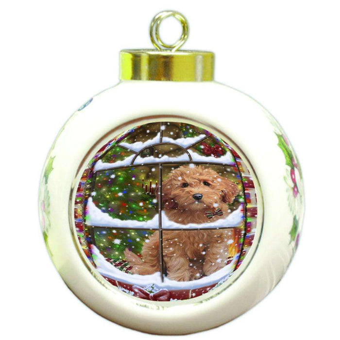 Please Come Home For Christmas Goldendoodle Dog Sitting In Window Round Ball Christmas Ornament RBPOR53632