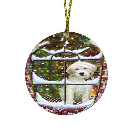 Please Come Home For Christmas Goldendoodle Dog Sitting In Window Round Flat Christmas Ornament RFPOR53621
