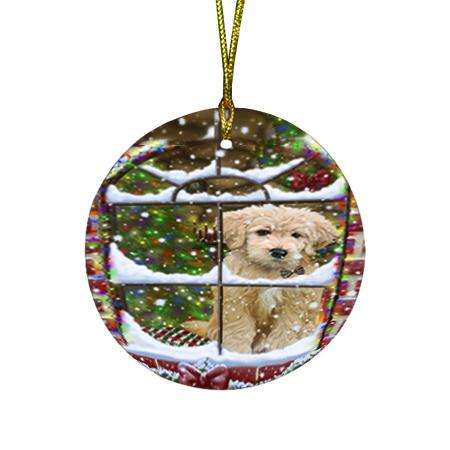 Please Come Home For Christmas Goldendoodle Dog Sitting In Window Round Flat Christmas Ornament RFPOR53622