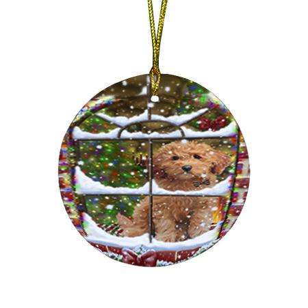 Please Come Home For Christmas Goldendoodle Dog Sitting In Window Round Flat Christmas Ornament RFPOR53623