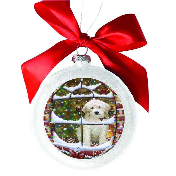 Please Come Home For Christmas Goldendoodle Dog Sitting In Window White Round Ball Christmas Ornament WBSOR49170