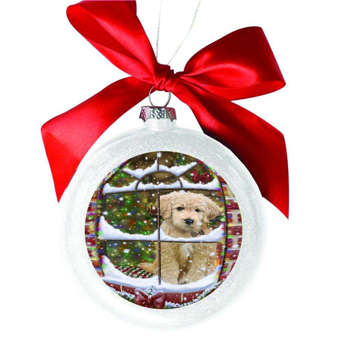 Please Come Home For Christmas Goldendoodle Dog Sitting In Window White Round Ball Christmas Ornament WBSOR49171