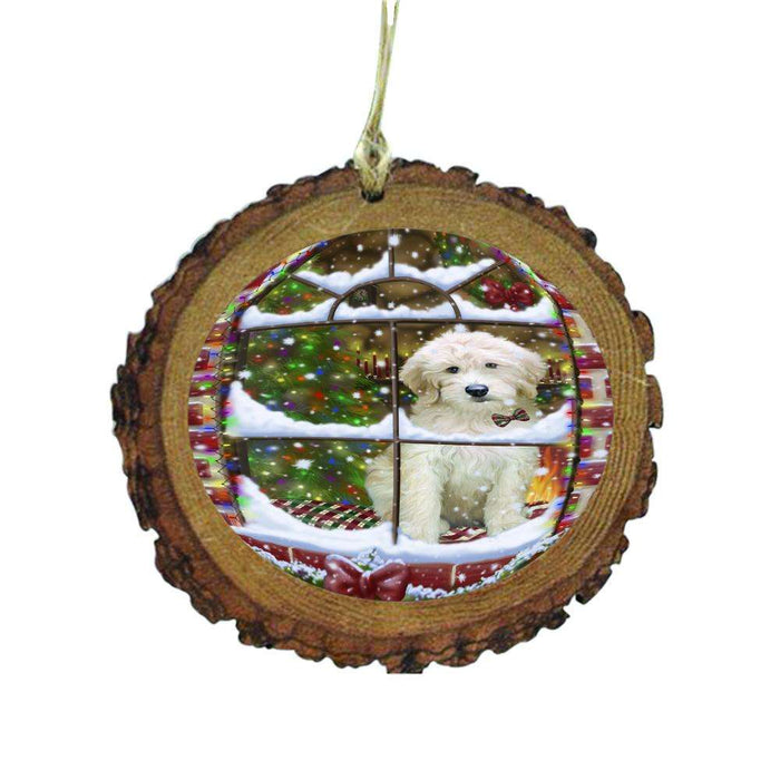 Please Come Home For Christmas Goldendoodle Dog Sitting In Window Wooden Christmas Ornament WOR49170