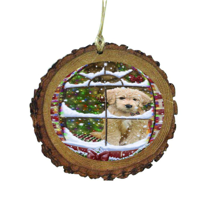 Please Come Home For Christmas Goldendoodle Dog Sitting In Window Wooden Christmas Ornament WOR49171