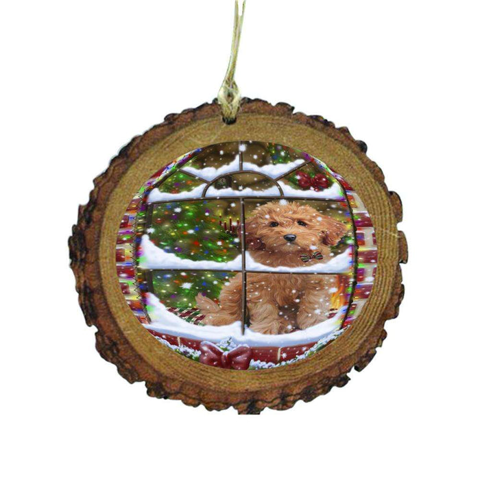 Please Come Home For Christmas Goldendoodle Dog Sitting In Window Wooden Christmas Ornament WOR49172