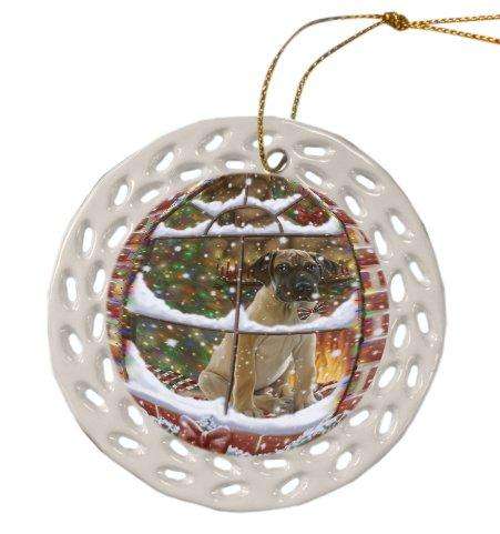 Please Come Home For Christmas Great Dane Dog Sitting In Window Ceramic Doily Ornament DPOR48572