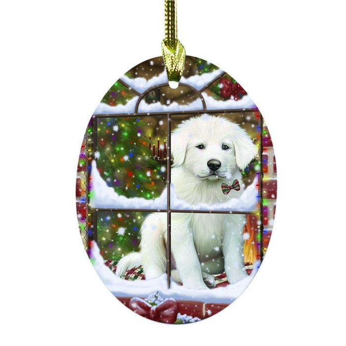 Please Come Home For Christmas Great Pyrenee Dog Sitting In Window Oval Glass Christmas Ornament OGOR49174