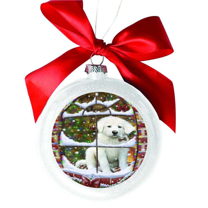 Please Come Home For Christmas Great Pyrenee Dog Sitting In Window White Round Ball Christmas Ornament WBSOR49174