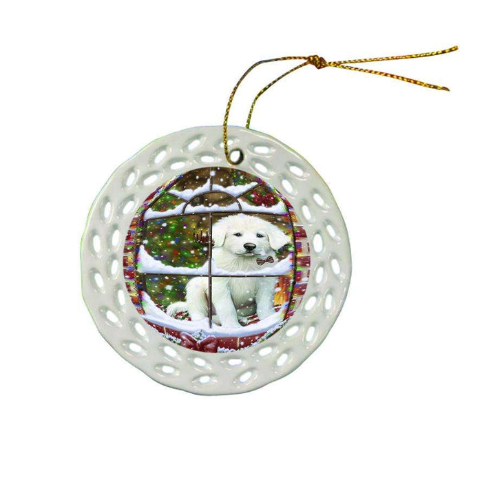 Please Come Home For Christmas Great Pyrenees Dog Sitting In Window Ceramic Doily Ornament DPOR53633