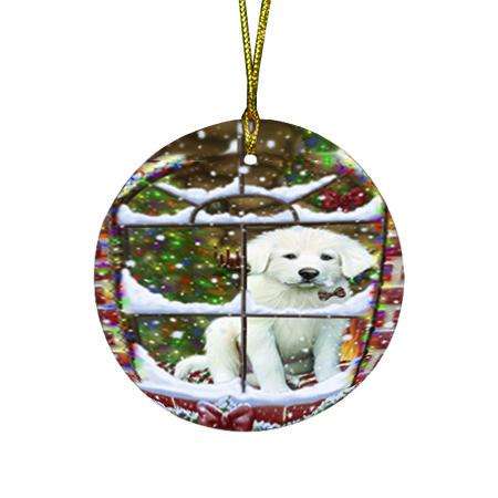 Please Come Home For Christmas Great Pyrenees Dog Sitting In Window Round Flat Christmas Ornament RFPOR53624
