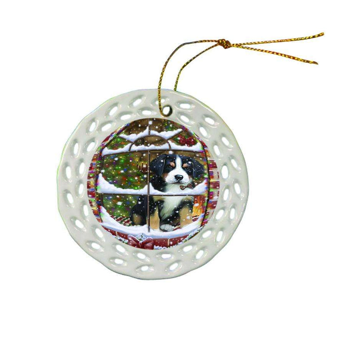 Please Come Home For Christmas Greater Swiss Mountain Dog Sitting In Window Ceramic Doily Ornament DPOR53634