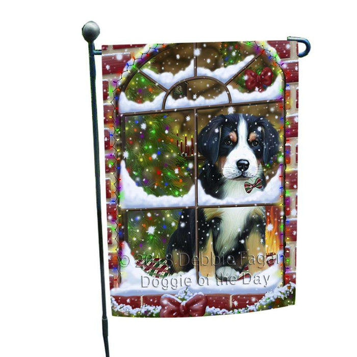 Please Come Home For Christmas Greater Swiss Mountain Dog Sitting In Window Garden Flag GFLG53696