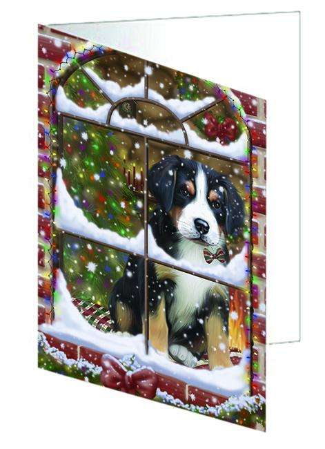 Please Come Home For Christmas Greater Swiss Mountain Dog Sitting In Window Handmade Artwork Assorted Pets Greeting Cards and Note Cards with Envelopes for All Occasions and Holiday Seasons GCD64931