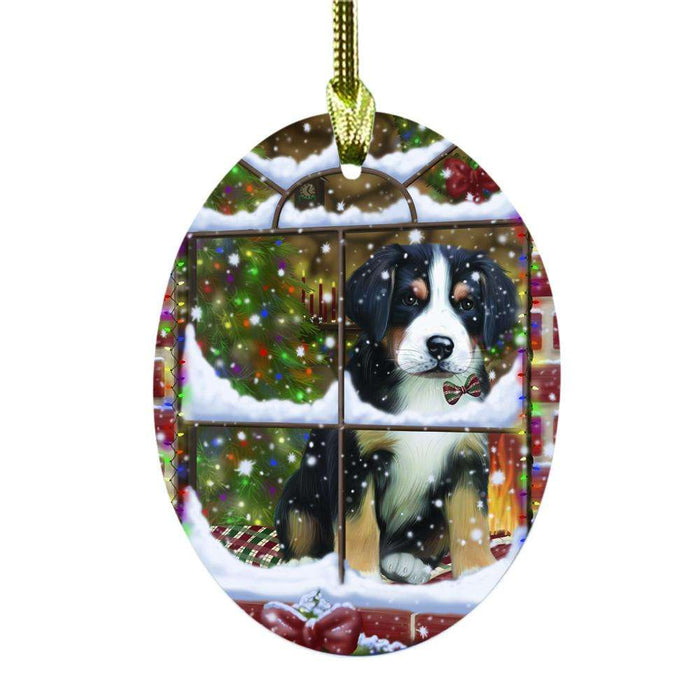 Please Come Home For Christmas Greater Swiss Mountain Dog Sitting In Window Oval Glass Christmas Ornament OGOR49175