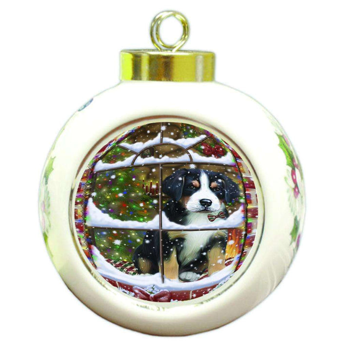Please Come Home For Christmas Greater Swiss Mountain Dog Sitting In Window Round Ball Christmas Ornament RBPOR53634