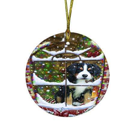Please Come Home For Christmas Greater Swiss Mountain Dog Sitting In Window Round Flat Christmas Ornament RFPOR53625