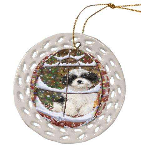 Please Come Home For Christmas Havanese Dog Sitting In Window Ceramic Doily Ornament DPOR48573