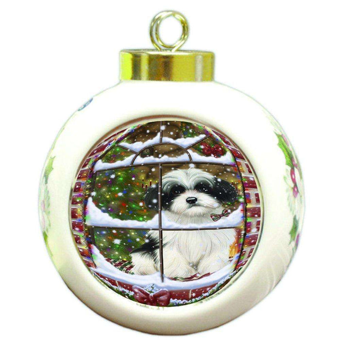 Please Come Home For Christmas Havanese Dog Sitting In Window Round Ball Christmas Ornament RBPOR48408